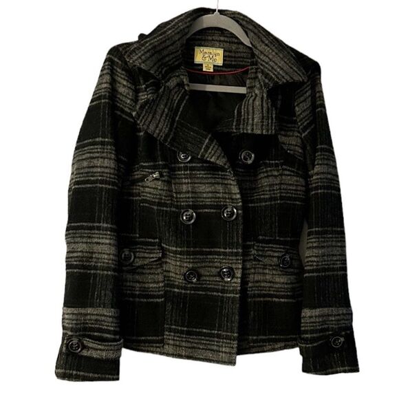 Maralyn & Me Gray Lined Hooded Plaid Jacket Pea Coat Hood Size Small - Picture 1 of 9